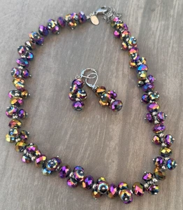 KIRKS FOLLY Rainbow Faceted Beaded Necklace & Earrings Set Silver Tone Metal - Picture 1 of 9