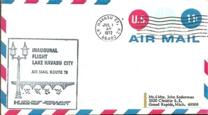 Airmail First Flight Lake Havasu City AZ 1 Jul 1972 AAMC#76W49 - Picture 1 of 1