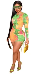 Long Sleeve tie dye printed o-neck drawstring mini dress - Picture 1 of 1