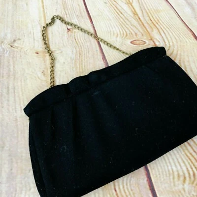 Vtg Black Purse Clutch Handbag ruffled accents 10.5" w sm chain strap kiss snap - Image 1 of 4
