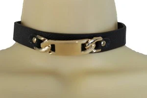 Women Gold Metal Chain Links Fashion Jewelry Choker Necklace Black Faux Leather - Picture 1 of 7
