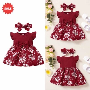 2-teiliges Neugeborenes Baby Mädchen Blumenmuster gerippt Strampler Kleid Stirnband Set Outfit Kleidung - Bild 1 von 9