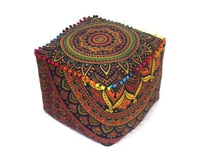 Square Ottoman Pouf Cover Indian Mandala Handmade Footstool Covers All Size - Image 1 of 4