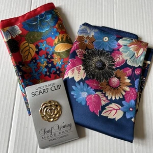 (2) Two Blue Red Floral 31” Scarves+Gold Plated Scarf Clip Made In Italy NWOT💖 - Picture 1 of 10