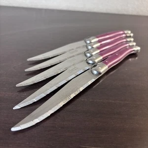 Laguiole INOX Grill Steak Knives Set Of 5 Pink Bee Mark Serrated Stainless Steel - Picture 1 of 13