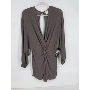 By Together Sparkle Twist Front Romper Taupe Long Sleeve Keyhole Cutout NWT - Picture 1 of 12