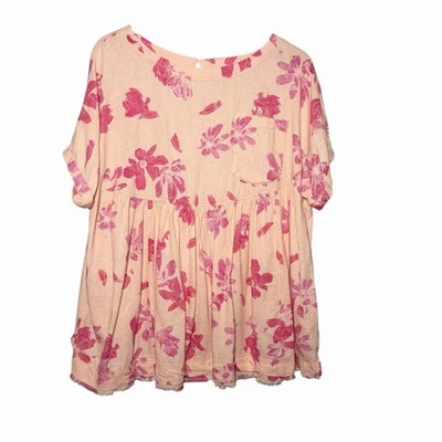 Top de lino floral We The Free Moon City rosa melocotón con volantes dobladillo boho S de gran tamaño Foto 1 de 4