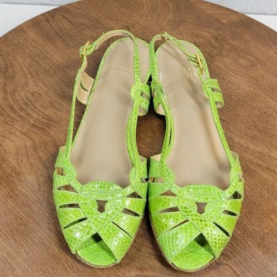 Stuart Weitzman Womens Sandals 7.5 Green Snakeskin Leather Peep Toe Slingback - Image 1 of 4