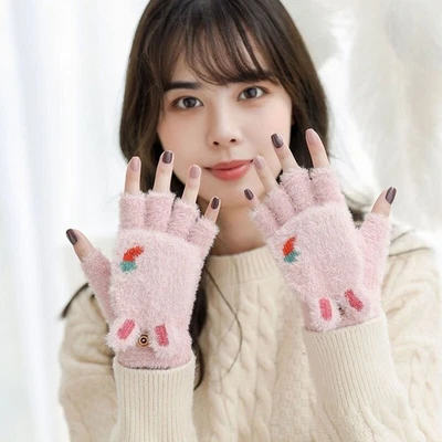 UK Womens Girl Winter Fur Rabbit Mittens Fingerless Cute Plush Warm Thick Gloves - Image 1 of 4