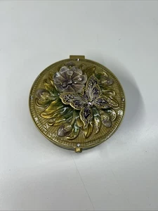 Butterfly Hinged Round Trinket Box Metal Enamel With Mirror Rhinestones - Picture 1 of 7