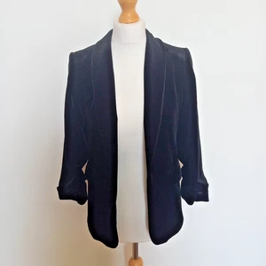 Marks & Spencer UK 6 Black Velvet Open Front Blazer Jacket Ruched Sleeves - Picture 1 of 7