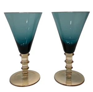 Vtg 60s MCM Si-An Cristallerie Peacock Blue Crystal Champagne Glasses Couple Set - Picture 1 of 17