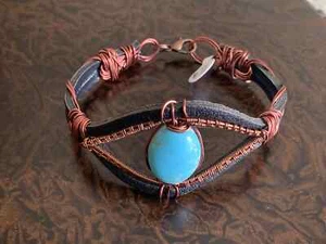 Leather Wrapped Stone Bracelet Handmade NEW USA WireWrapped Copper BlueMagnesite - Picture 1 of 13