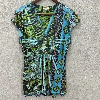 One World Babydoll Top Womens Medium Blue Geometric Cap Sleeve Art Boho Y2K - Image 1 of 4