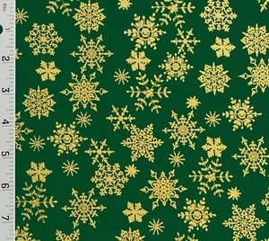 Green Metallic Gold Snowflakes Christmas Cotton Fabric - Choose Size - Picture 1 of 1