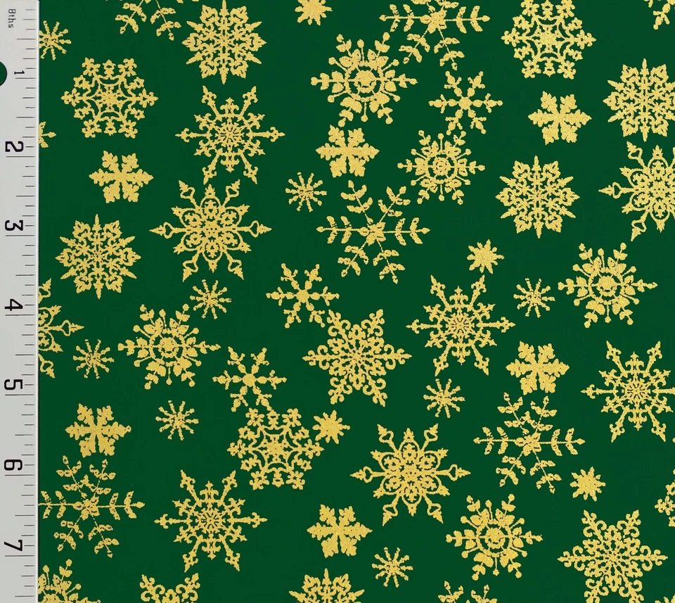 Green Metallic Gold Snowflakes Christmas Cotton Fabric - Choose Size - Image 1 of 1