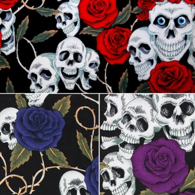 100% Cotton Fabric Large Skulls and Roses Thorns Halloween Floral 145cm Wide