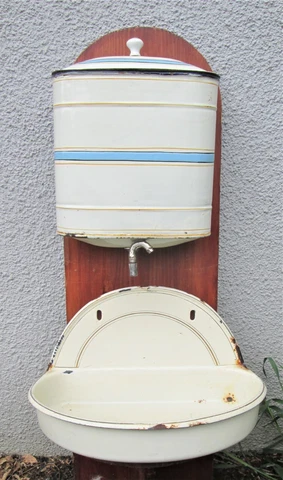 Antique French WHITE ENAMEL LAVABO FOUNTAIN Water Tank Basin Tap Cover