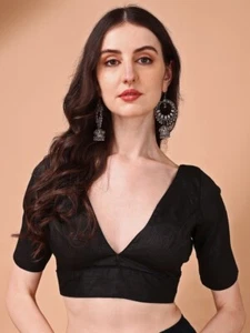 Women Dupain Solid Blouse V-neck Short Sleeves Saree Blouse For Party wear look - Picture 1 of 35