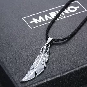 Charm Women Men Silver Plated Steel Feather Pendant Necklace Leather Rope - Picture 1 of 6