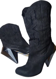 SUPER COOL Irregular Choice Black Suede Heeled Cowboy Boots Avant Garde Cool... - Picture 1 of 8