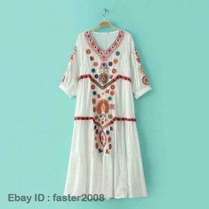 Mujeres Vintage Étnico Mexicano Bordado Algodón Lino Largo Boho Vestido Suelto Lo último - Imagen 1 de 10