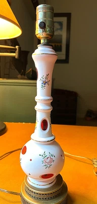 Vintage Bohemian Glass Lamp; White Cut to Red; 15"; Hand Painted Flowers - Image 1 of 4