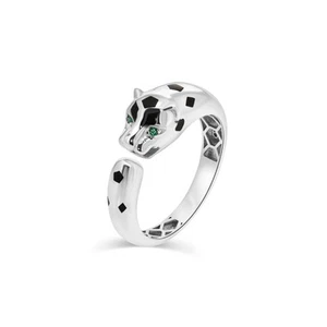 Rhodium Plated 925 Sterling Silver Panther Green CZ Black Enamel Ring Sizes 5-9 - Picture 1 of 4