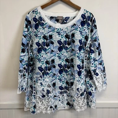 Blusa para mujer Chico’s floral con ribete de encaje azul y blanco 2X 0388 nueva con etiquetas Foto 1 de 4