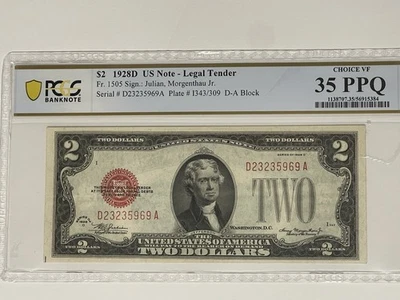 1928D $2 TWO Legal Tender Note PCGS 35 Choice VF PPQ Fr.1505 Red Seal Jefferson - Image 1 of 4