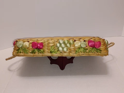 Vintage Hand Woven Raffia Fruit and Vegetable Lined Basket Double Handles Cover