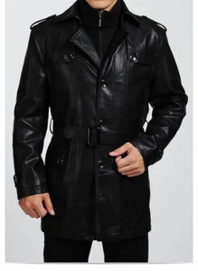 New Stylish Men Genuine Lambskin Leather Trench Long Coat Winter Black Jacket - Picture 1 of 4
