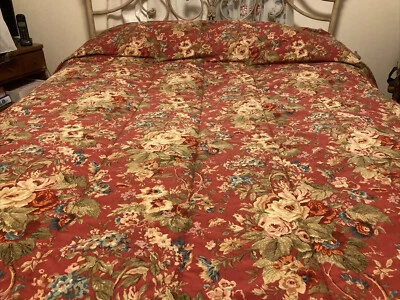 Ralph Lauren Chaps SUMMERTON  Red Teal Floral Houndstooth Queen Comforter Set - Image 1 of 4