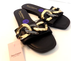 y2k NEW size 8.5 JUICY COUTURE Flat Black logo gold CHUNKY CHAIN slides Sandals - Picture 1 of 9