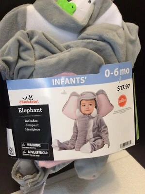 NWT Celebrate Halloween Costume Infant 0-6 Mo Grey Elephant Jumpsuit Outfit - Image 1 of 4