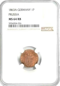 1863 A German States Prussia 1 Pfennig, NGC MS 64 RB, Germany 026   - Picture 1 of 2