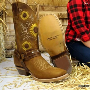 Sonnenblume Echtleder Western Cowgirl Stiefel quadratische Zehenpartie Stiefel Jeans - Bild 1 von 16