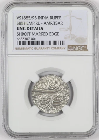 NGC UNC Det. VS1885/93 India Rupee Sikh Empire - Amritsar Silver Coin SHROFF Cover