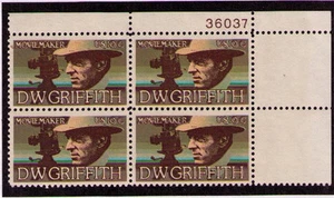 US USA Sc# 1555 MNH FVF PLATE# BLOCK D W Griffith Movie Director United Artists - Picture 1 of 1