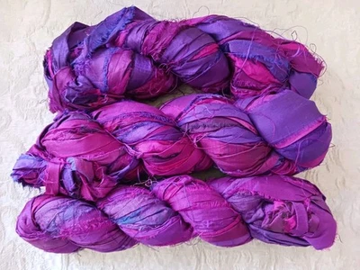 3 Skeins Recycled Sari Silk Ribbon Yarn Purples & Magenta Pinks 3.5 oz each - Image 1 of 4
