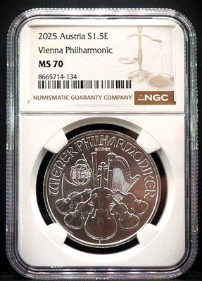 Austria 2025 1,5E 1 oz Filarmónica de Viena NGC MS70 Foto 1 de 2