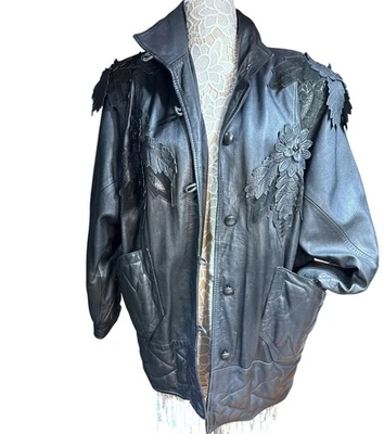 Chaqueta de Cuero Vintage con Apliques Florales - Talla M, Declaración Artística Boho 3D Foto 1 de 4