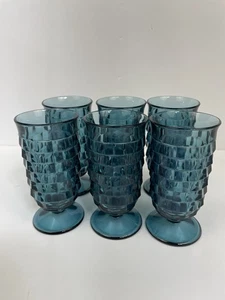 Whitehall Indiana 5 inch tall Glasses Blue Ice Cubist Footed Set Of 6 - Picture 1 of 16