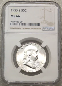 1953 S Franklin Half Dollar NGC MS66 Frosty White Just Graded New Holder #J116B - Picture 1 of 4