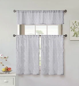 Gray and White Cotton 3 Piece Window Curtain Set: Modern Leaf Design  - Picture 1 of 1