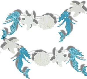 Mermaid Party Decor , Blue and Silver Tone Glittery Seashell & Mermaid 95.8" - Picture 1 of 4