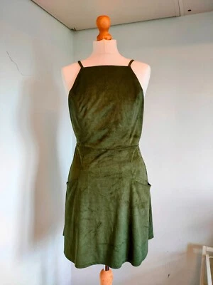 Minivestido de gamuza sintética verde oliva para mujer | Línea A | Cuello halter | Talla M Foto 1 de 4