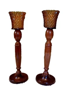  VINTAGE MCM 11,75" HOLZ KERZENHALTER BERNSTEIN DIAMANT GLAS WINDLICHTER KABINE DEKOR - Bild 1 von 10