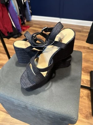 Lucky Brand | Carlisha Platform Wedge Raffia Sandal Black Women's Size 9.5 - Image 1 of 4