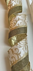 3 YD 4"W  Designer Ribbon White Black Gold Satin Backed Wired Florence ELEGANT - Picture 1 of 5